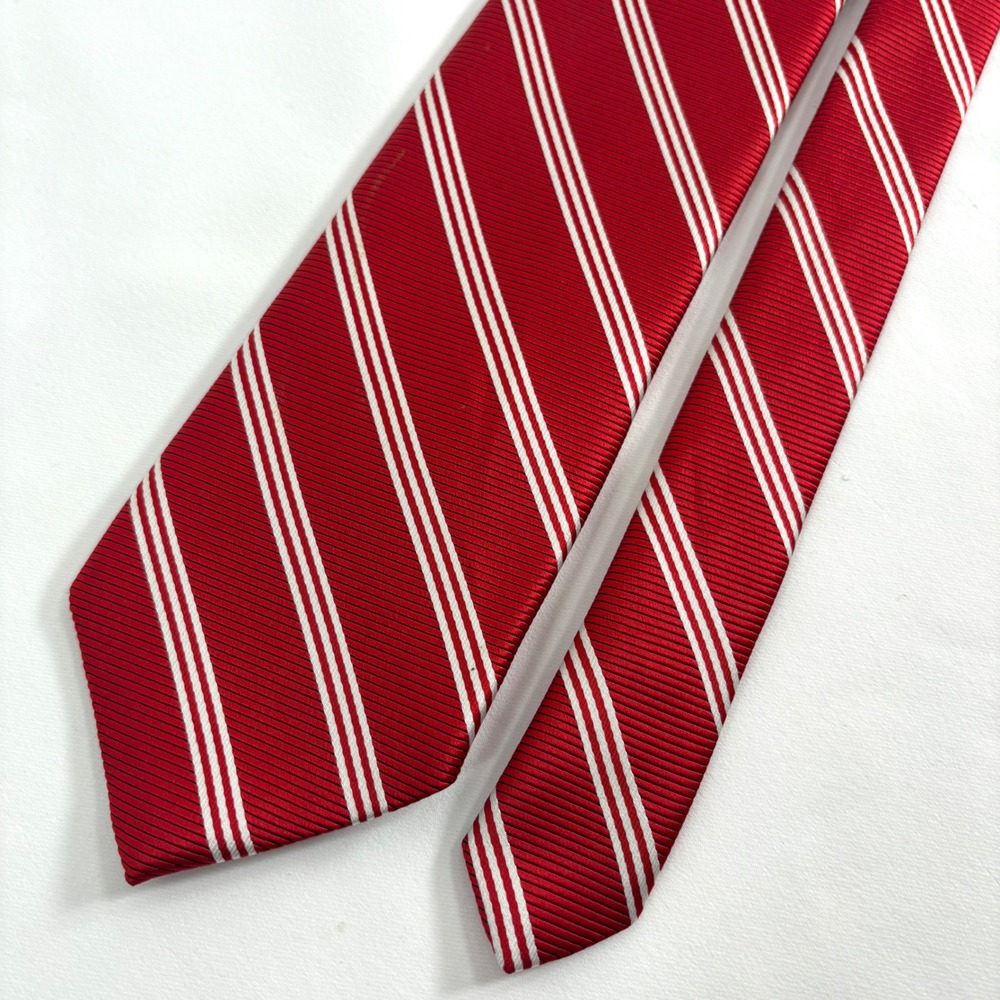 Brooks Brothers Necktie Red White Triple Stripe Silk Stain Resistant USA